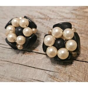 Vintage Faux Pearl Earrings‎ Black Cabochon Clip On Elegant Party - JAPAN